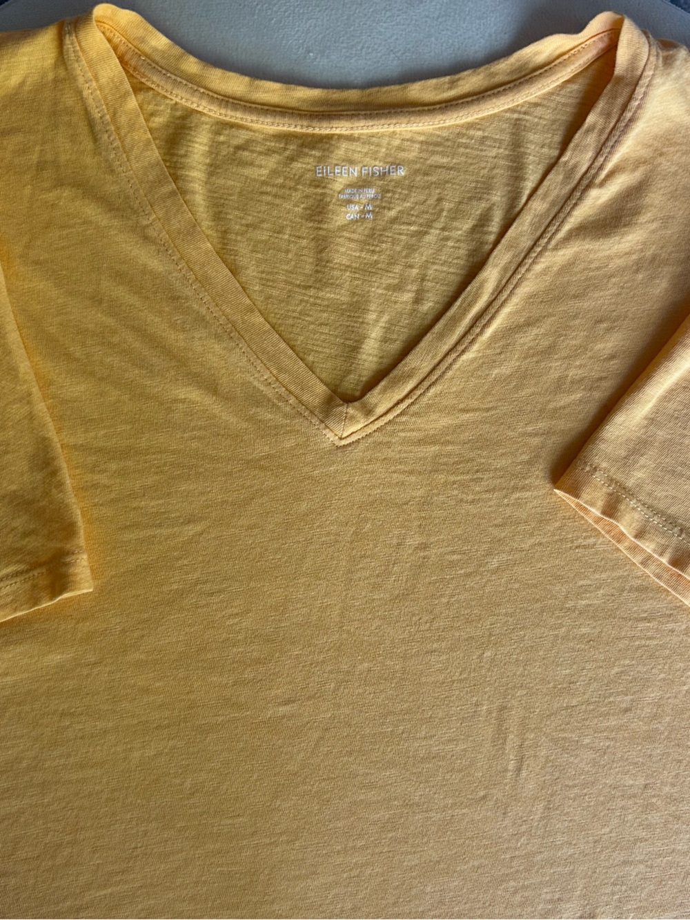 Eileen Fisher 100% Organic Cotton Slub Orange Yellow V-Neck Tee Sz Medium